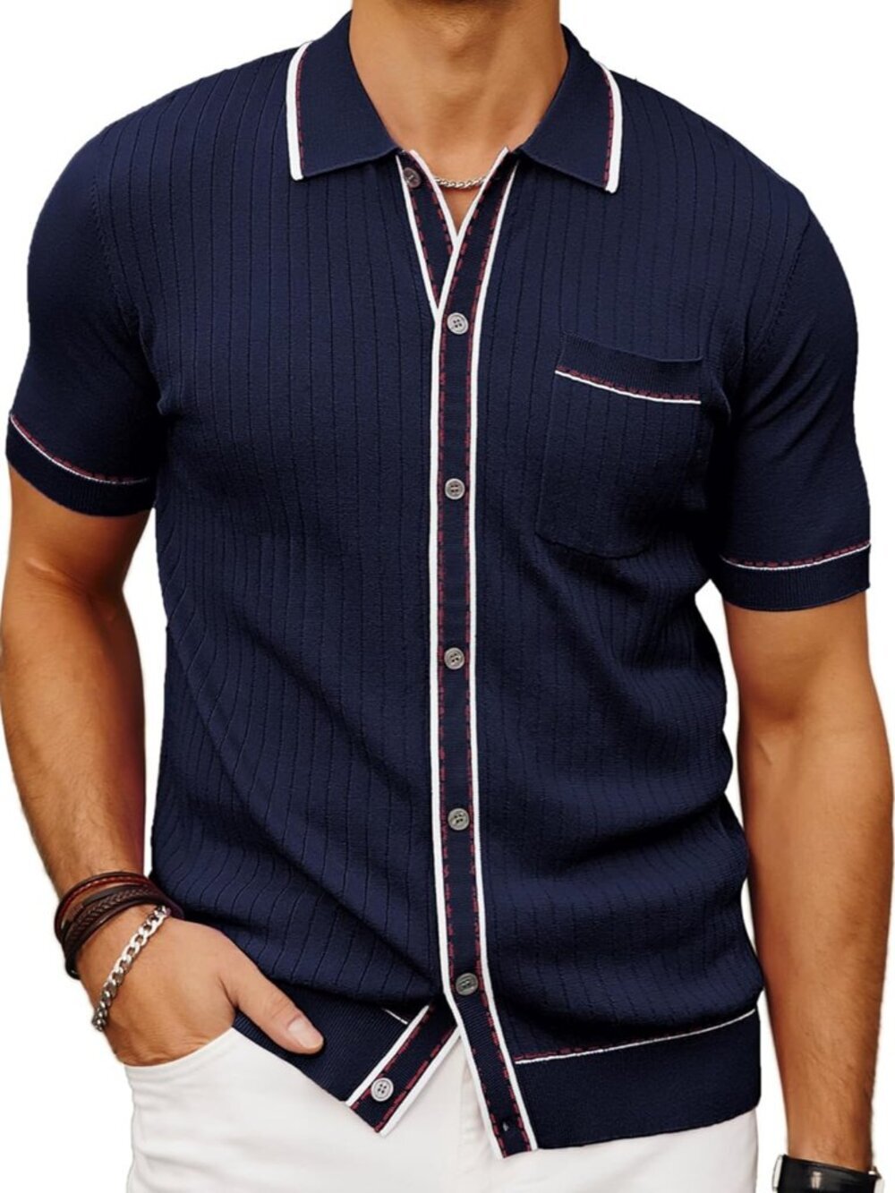 Men's Blue Short Sleeve 70s Vintage Polo Contrast Knit Retro Top Casual Shirt